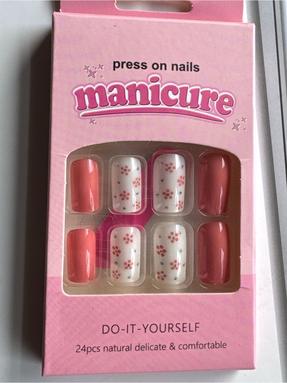 Press-On Nails Floral Pink Silver and White Manicure Set 3D Glitter